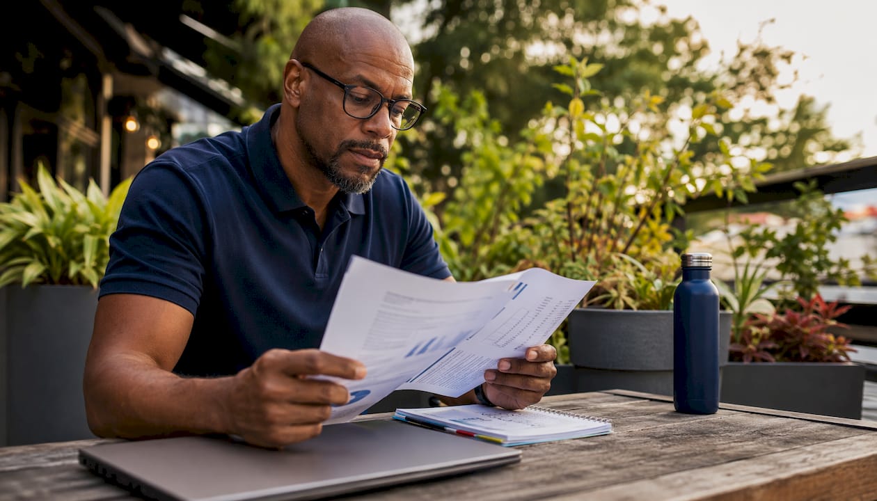 Trainer reviewing client progress paperwork.