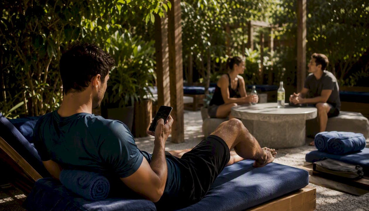 Man using sauna membership app in lounge