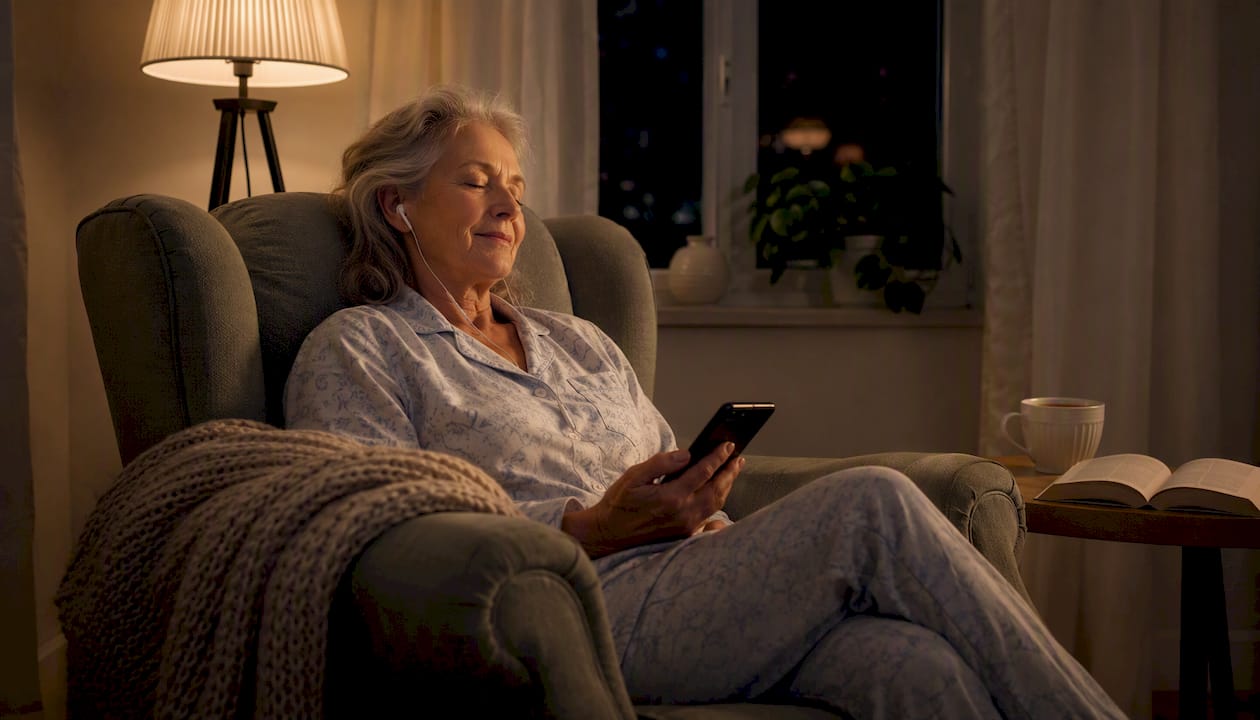 Woman using Calm app for sleep stories at bedtime