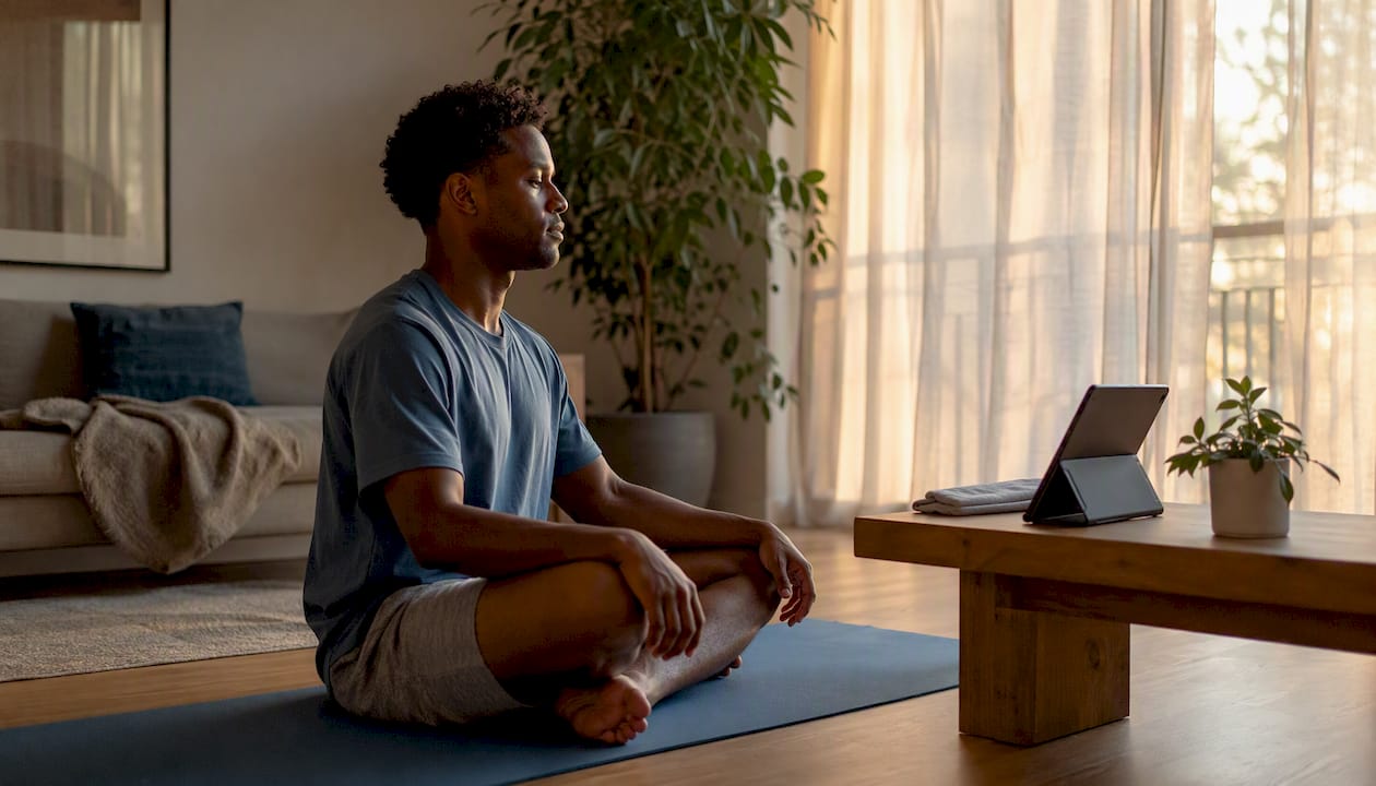 Man learning meditation with Headspace app