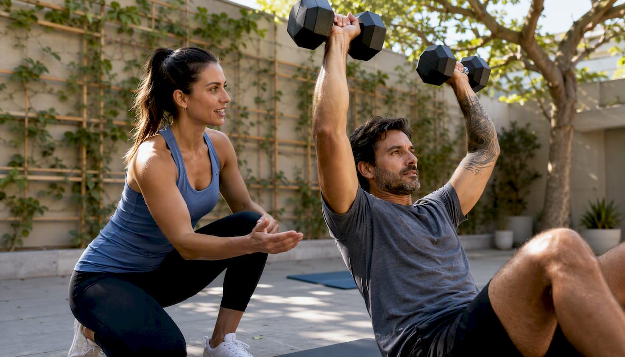Trainer observing client shoulder press exercise