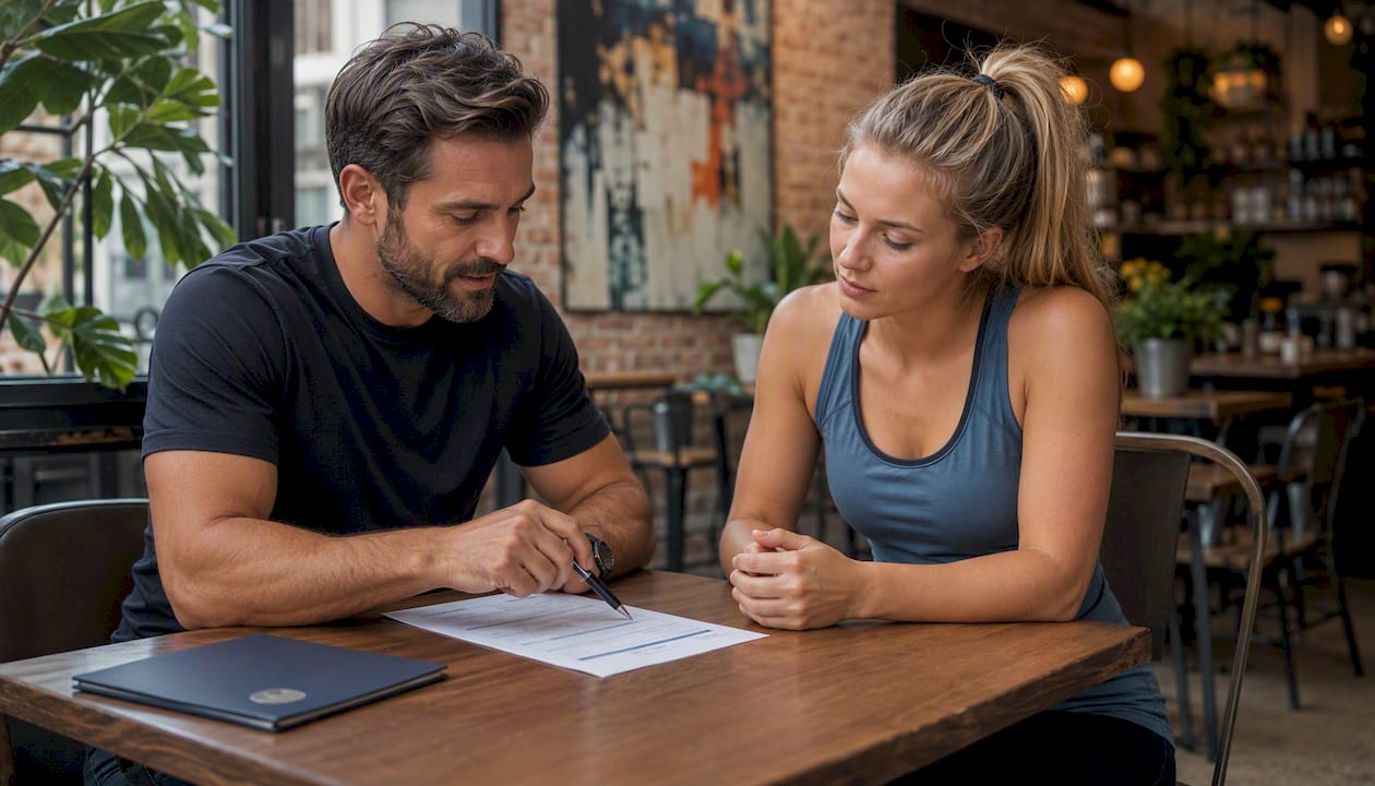 Trainer and client discussing assessment form