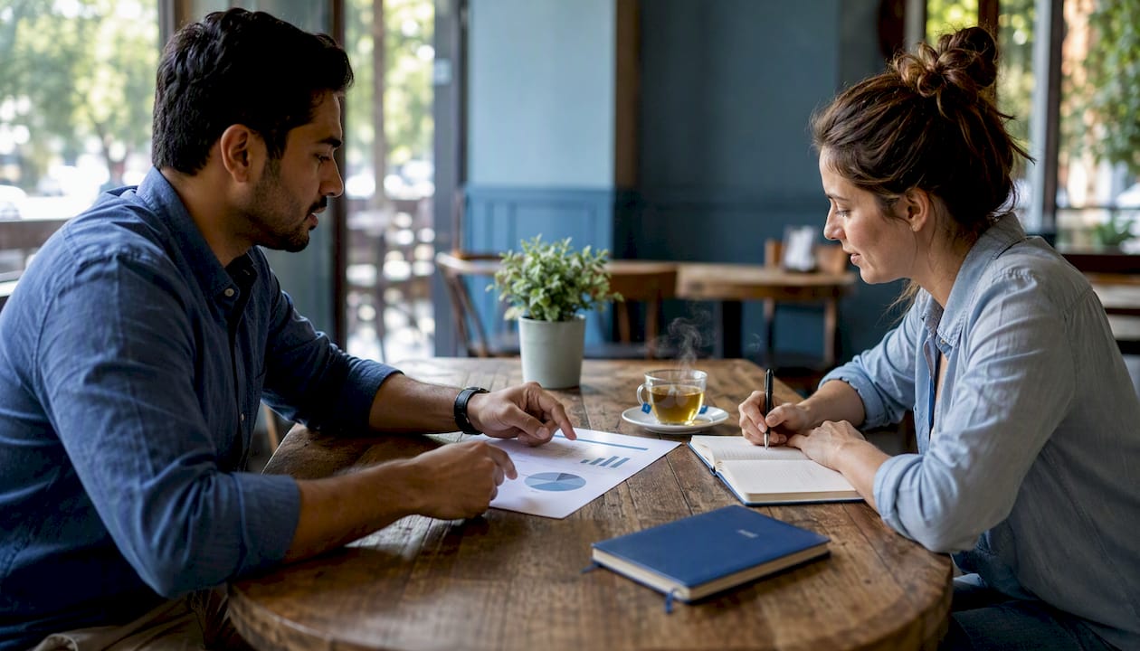 Overhead shot of client and coach discussing pricing models