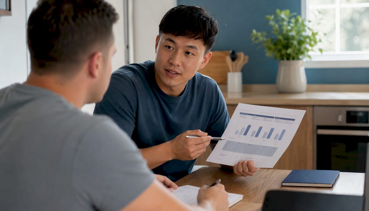 Side profile of nutrition coach explaining budgeting options