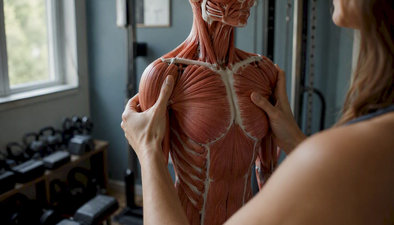 Hands holding muscle anatomy model torso