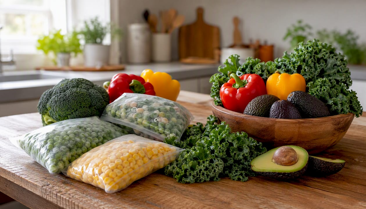 Frozen and fresh produce ready for cooking