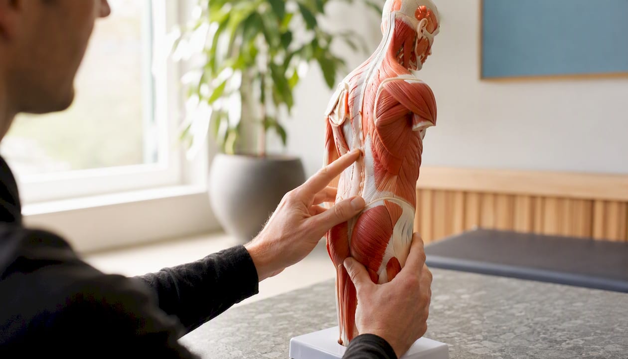 Coach demonstrating muscle anatomy model