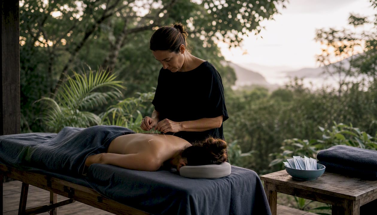 Acupuncture treatment setting with needles and candle
