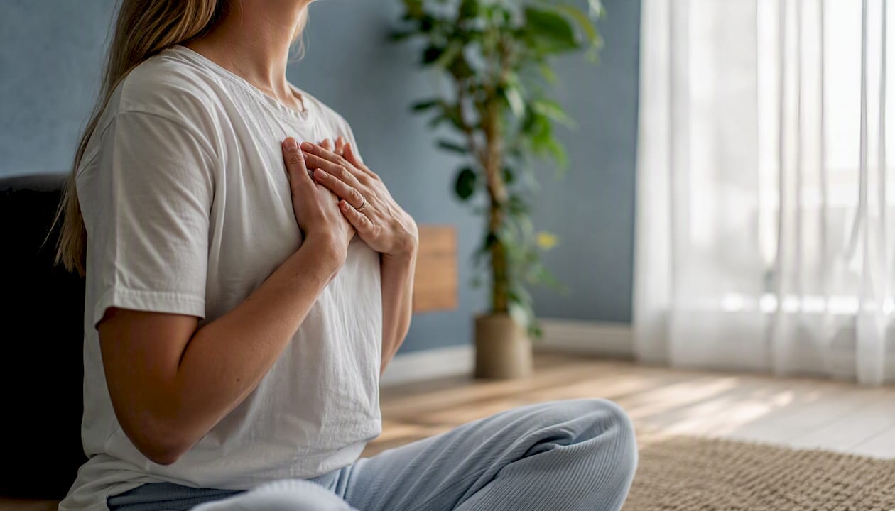 Hands over chest in calming breath exercise