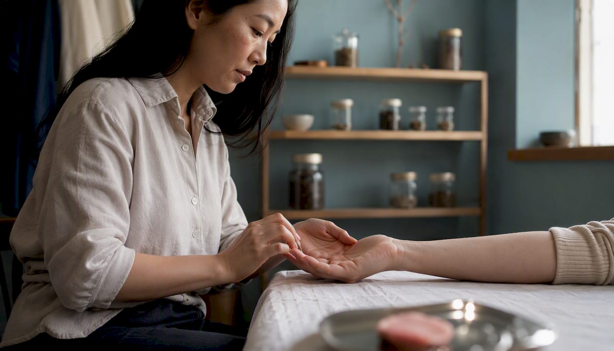 Acupuncturist checking patient pulse at wrist