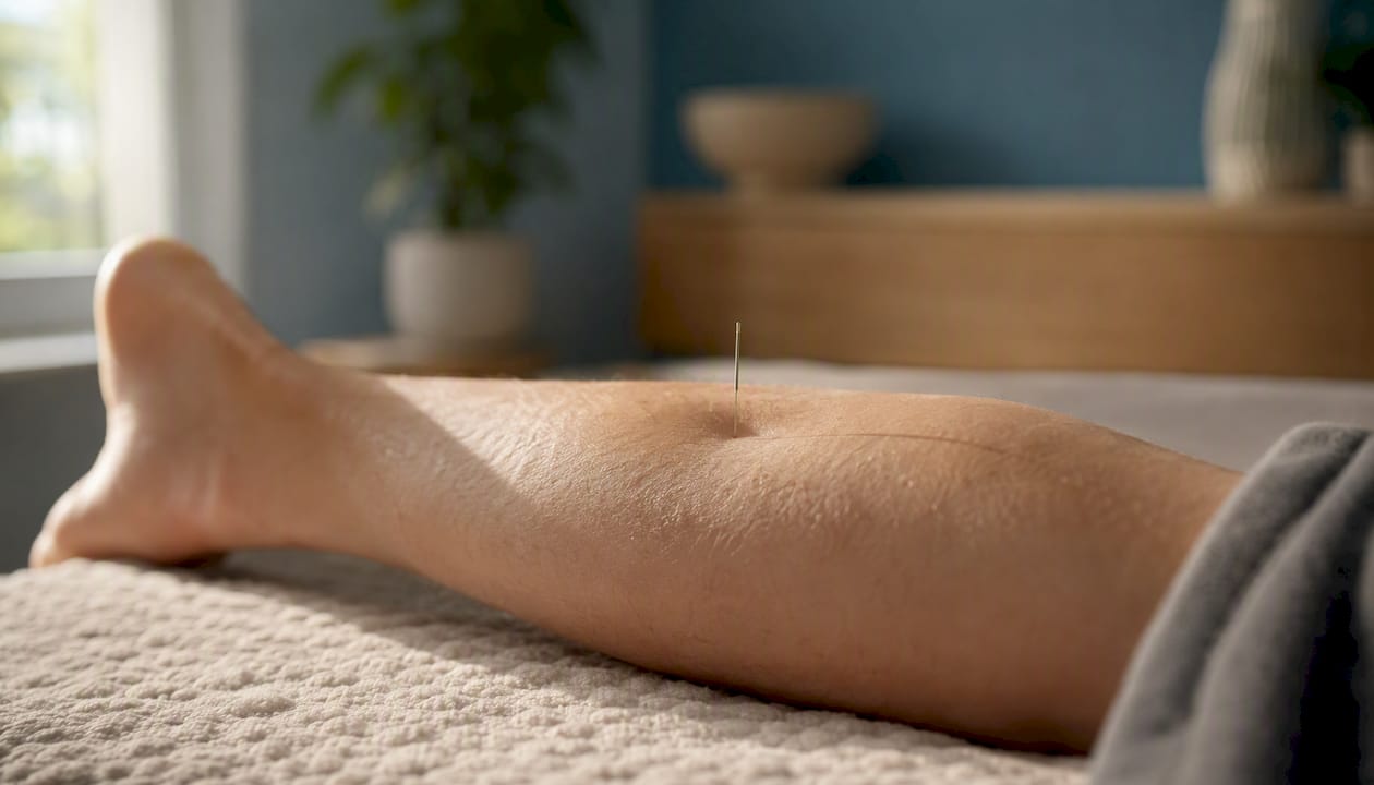 Close-up of acupuncture needle and skin sensation