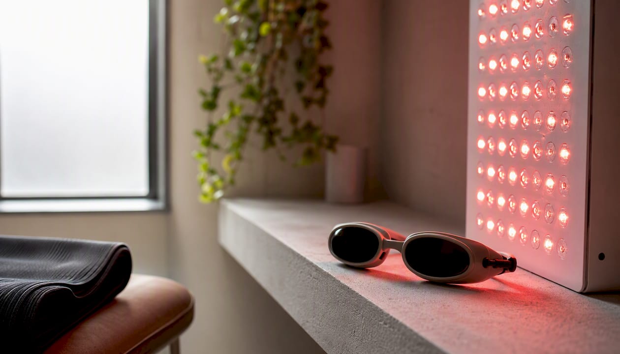 Protective eyewear beside glowing red light therapy panel