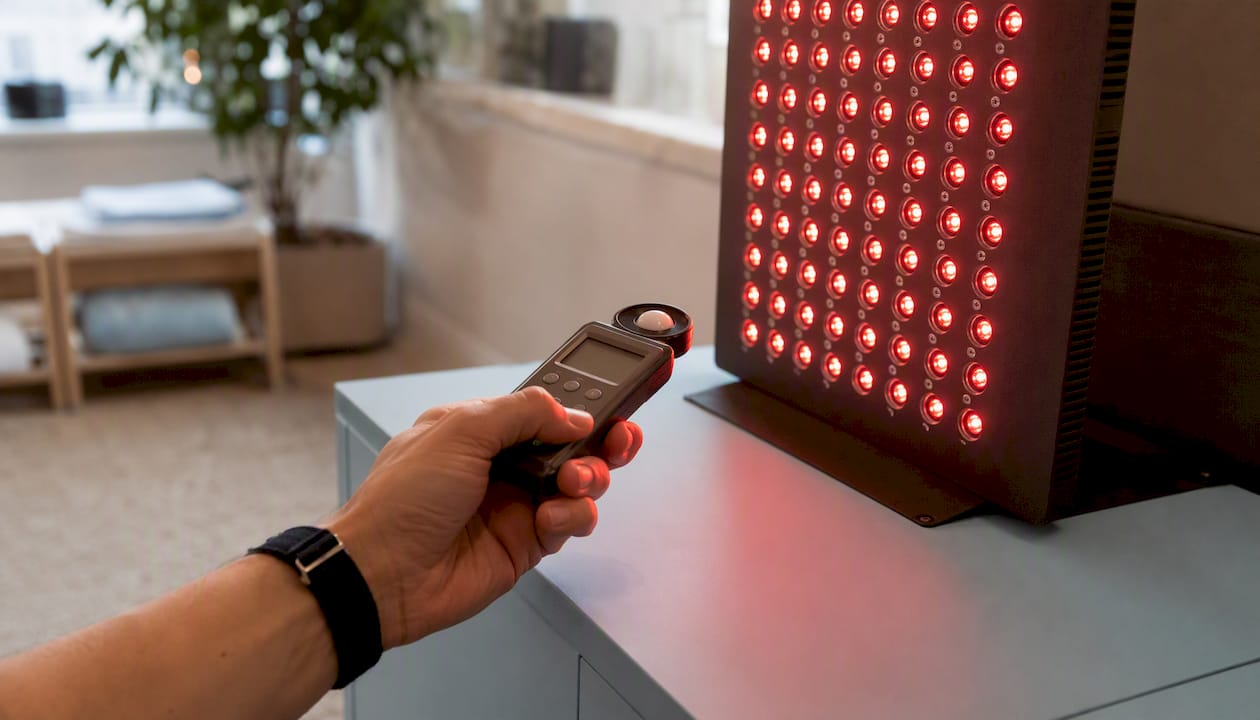 Hand measuring red light panel irradiance with meter