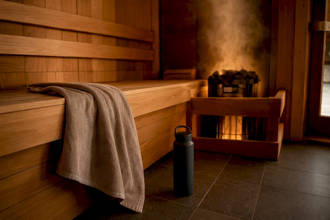 Traditional sauna wooden benches and stove