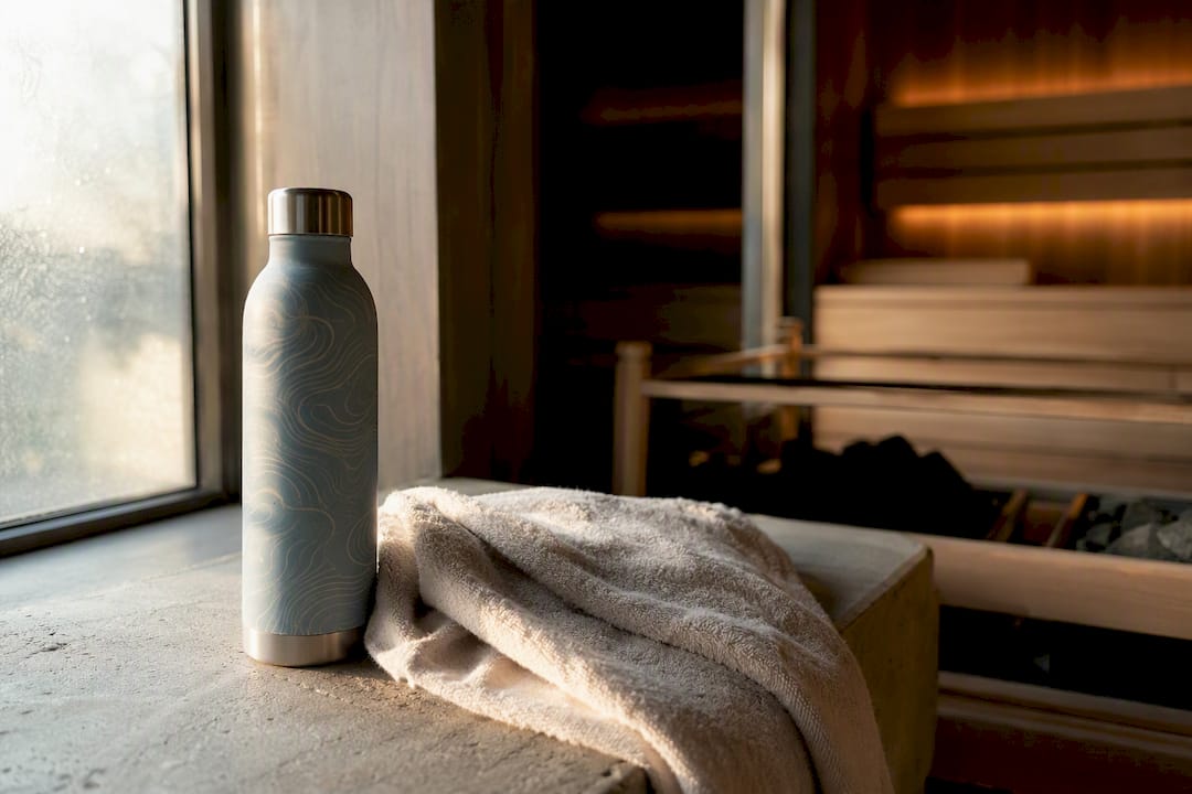 Water bottle and towel on sauna bench