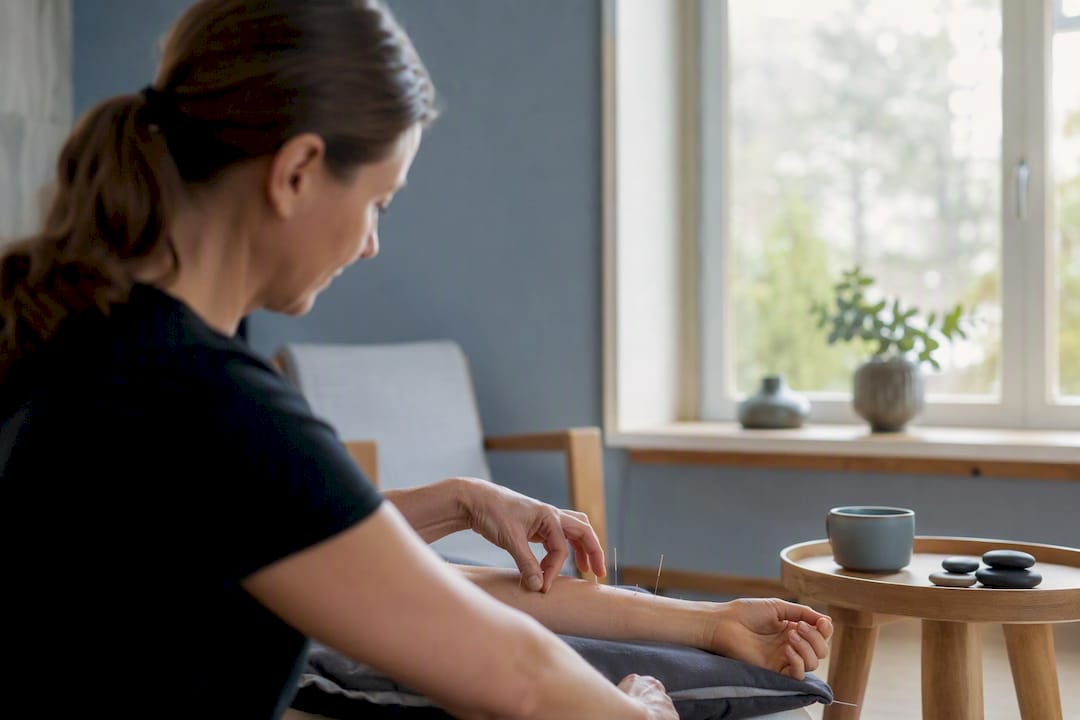 Patient receiving arm acupuncture in recovery room