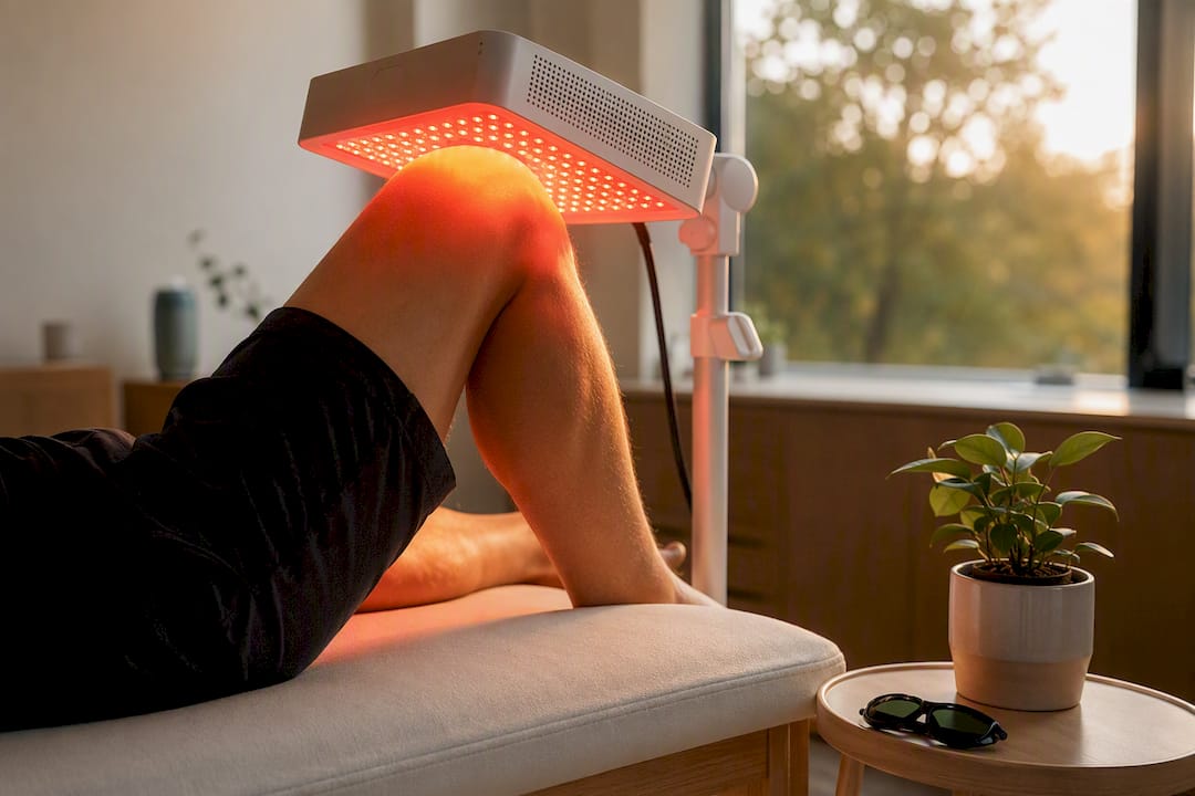 Red light therapy panel targeting knee pain in therapy room