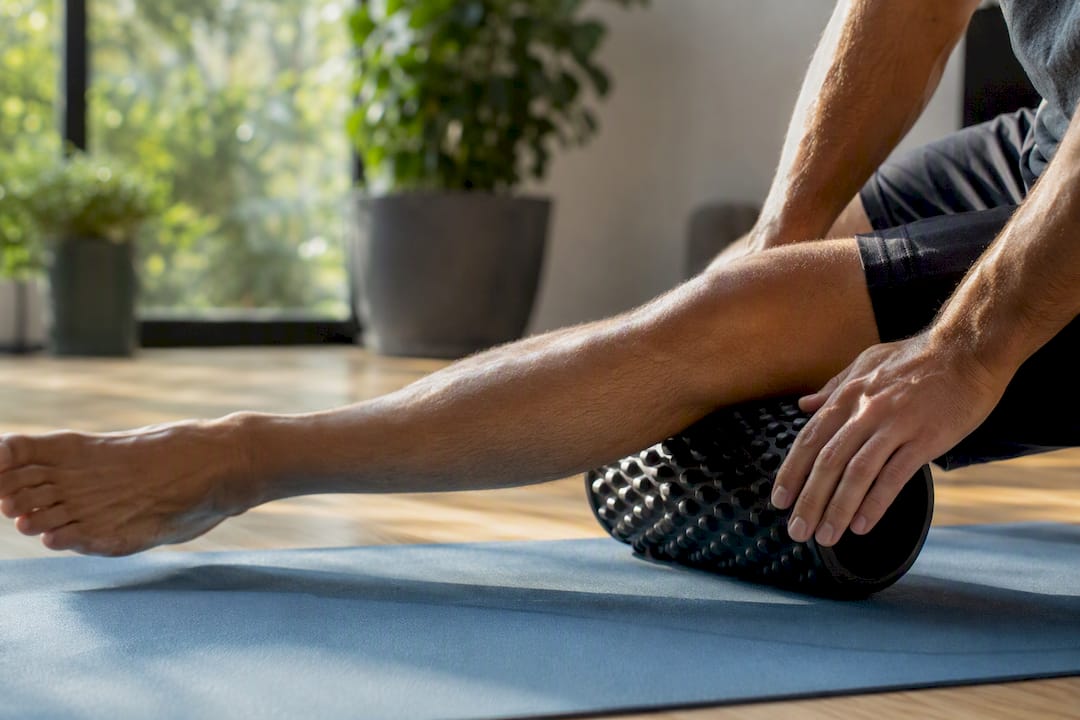 Hands foam rolling calf muscle