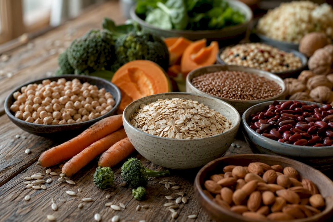Diverse fiber rich foods on rustic table