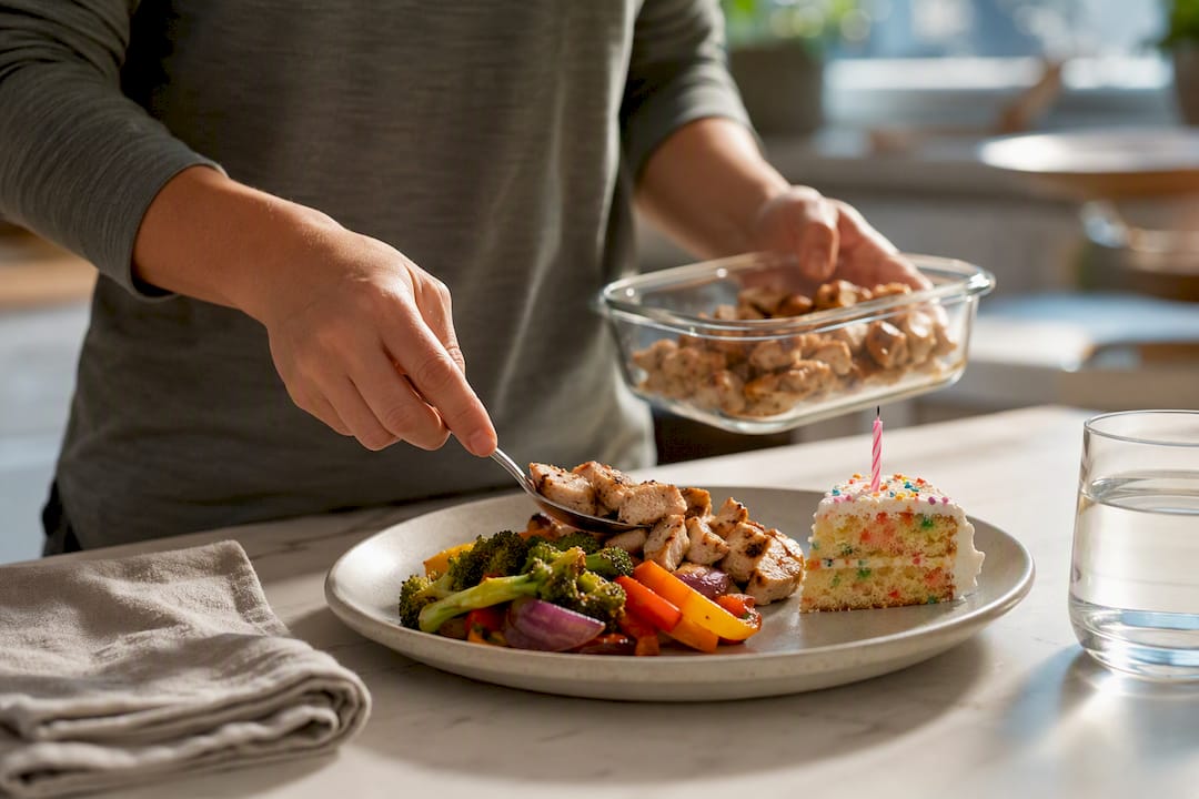 Balanced meal served beside birthday cake