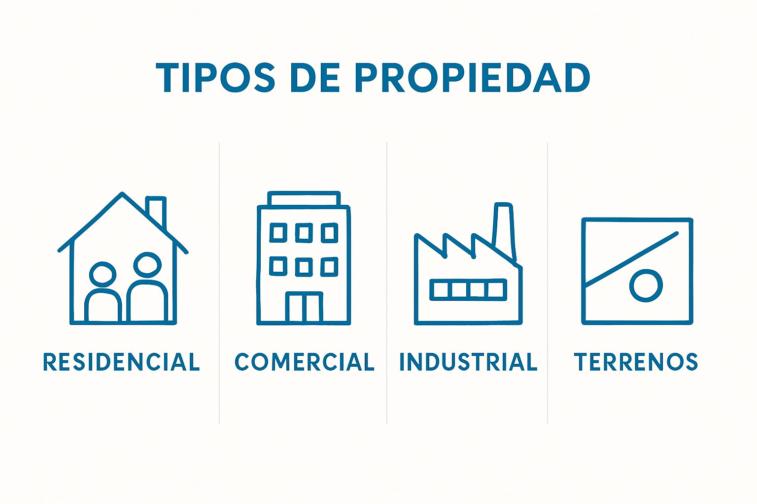Infographic: tipos de bienes raíces con íconos para residencial, comercial, industrial y terrenos