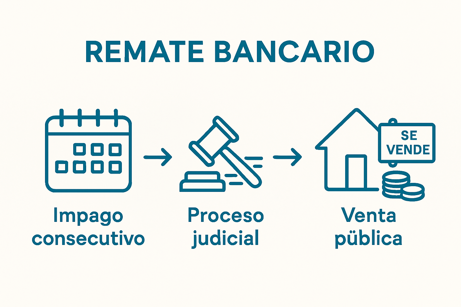 Infographic of remate bancario stages: missed payments, legal action, property auction.