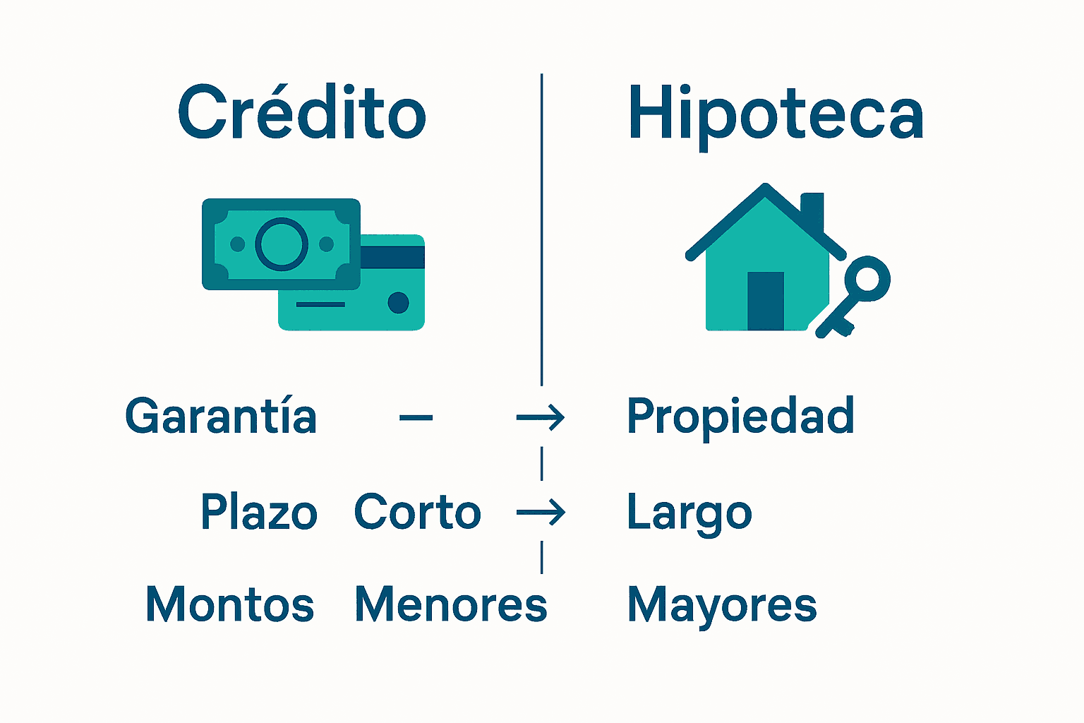 Comparación visual de crédito y hipoteca con íconos y flechas.