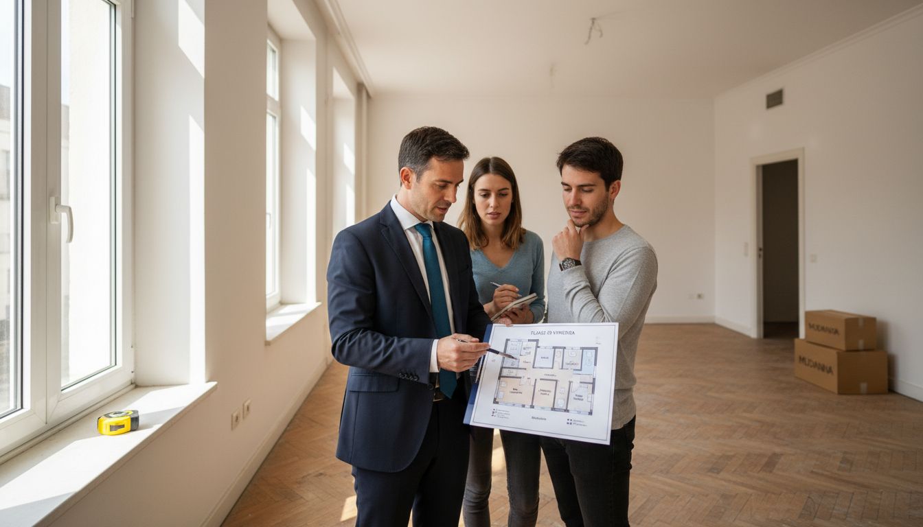 Asesor inmobiliario enseñando el plano de la vivienda a una pareja interesada