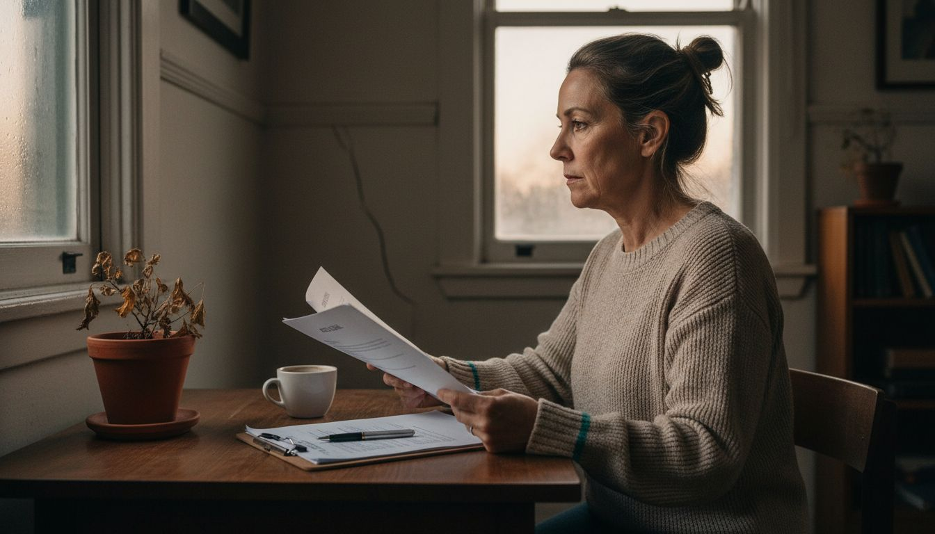 Una mujer revisa detenidamente papeles legales desde la comodidad de su hogar.