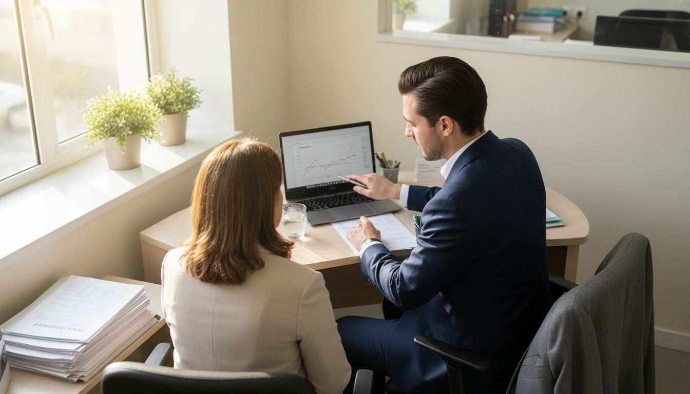 El asesor y el cliente analizan juntos el informe de viabilidad para solicitar la hipoteca.