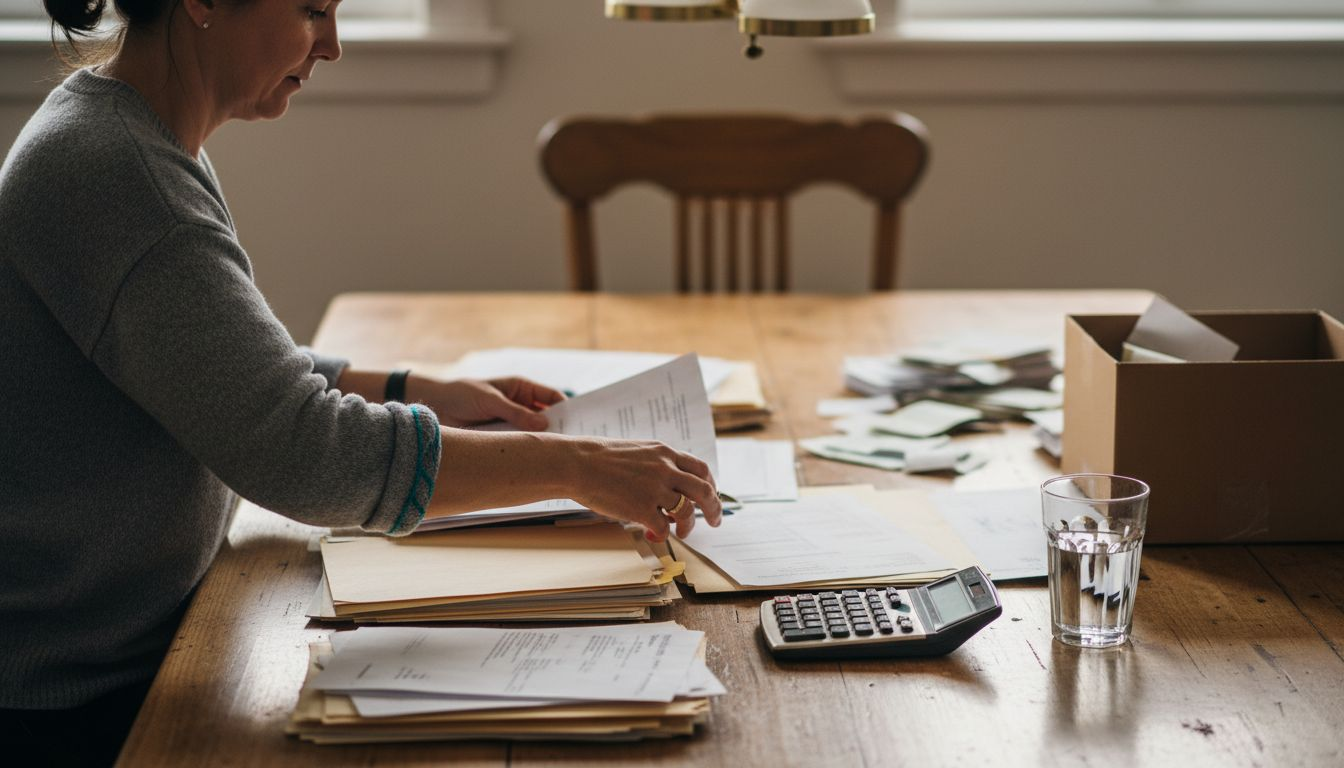 Una mujer revisa documentos y hace cuentas con la calculadora sobre la mesa.
