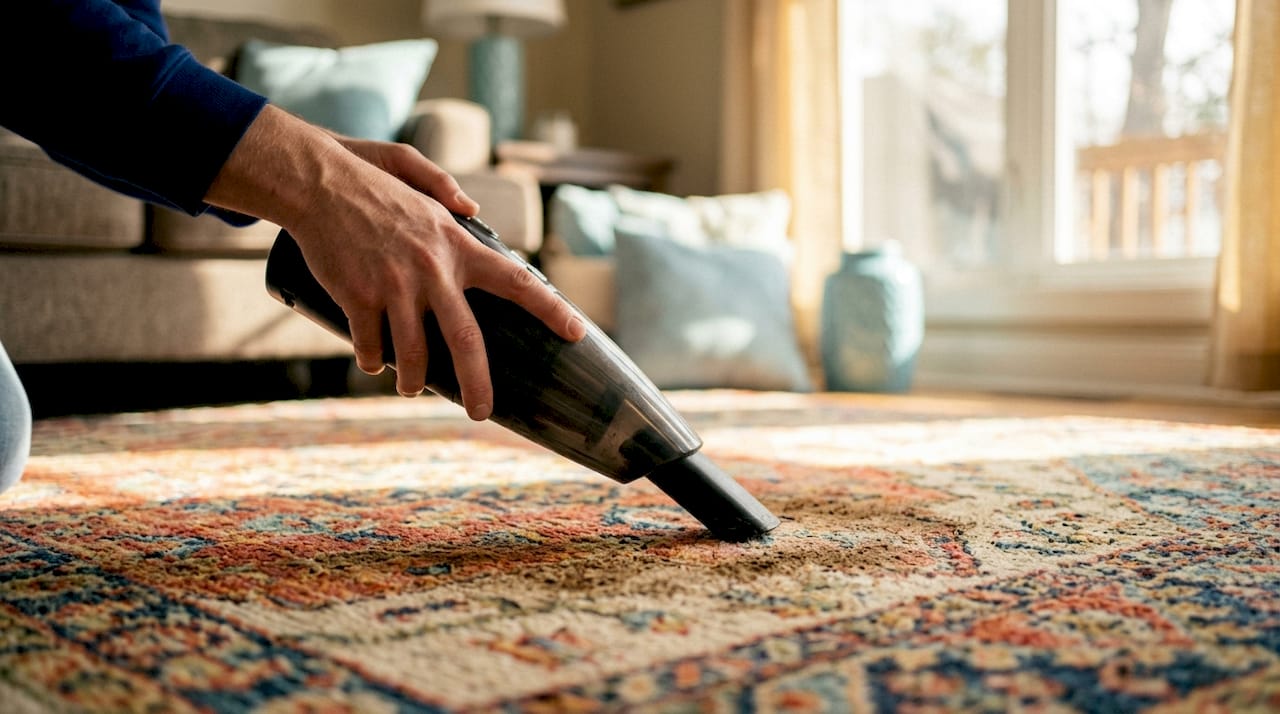 Close-up of soil damaging carpet fibers