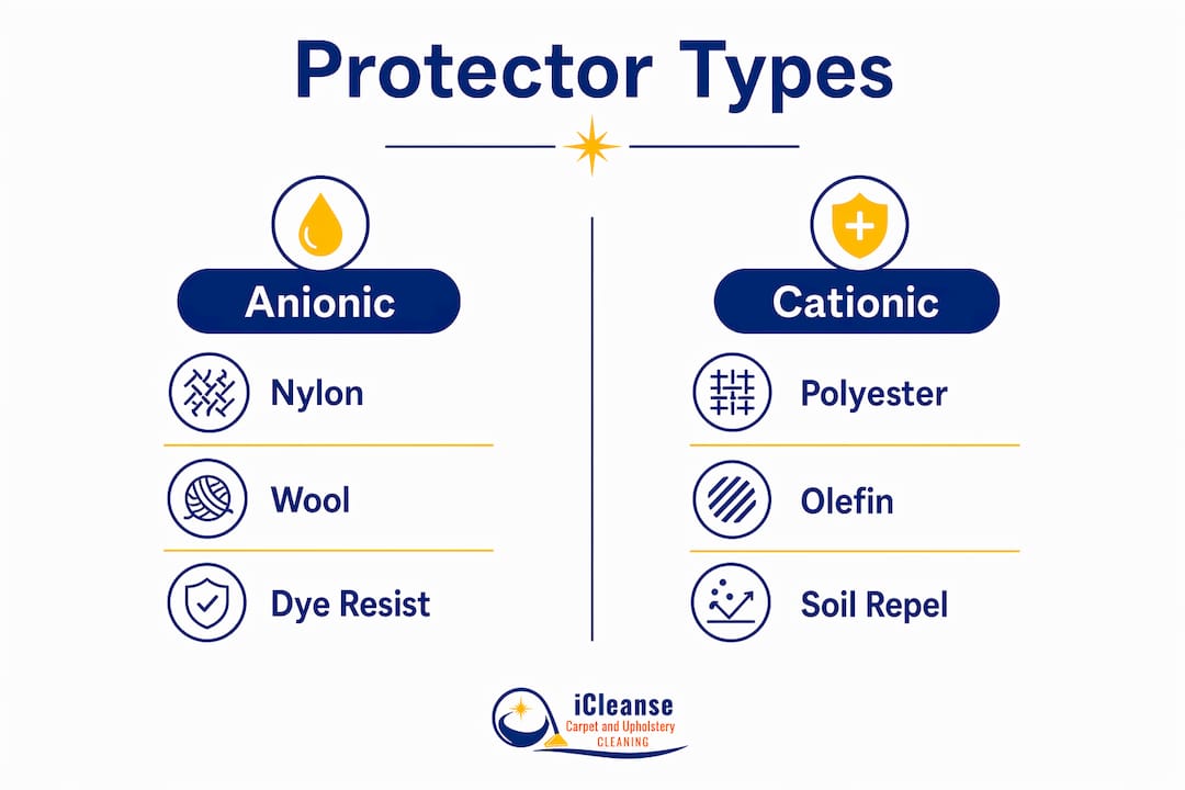 Infographic comparing carpet protector types and fibre compatibility
