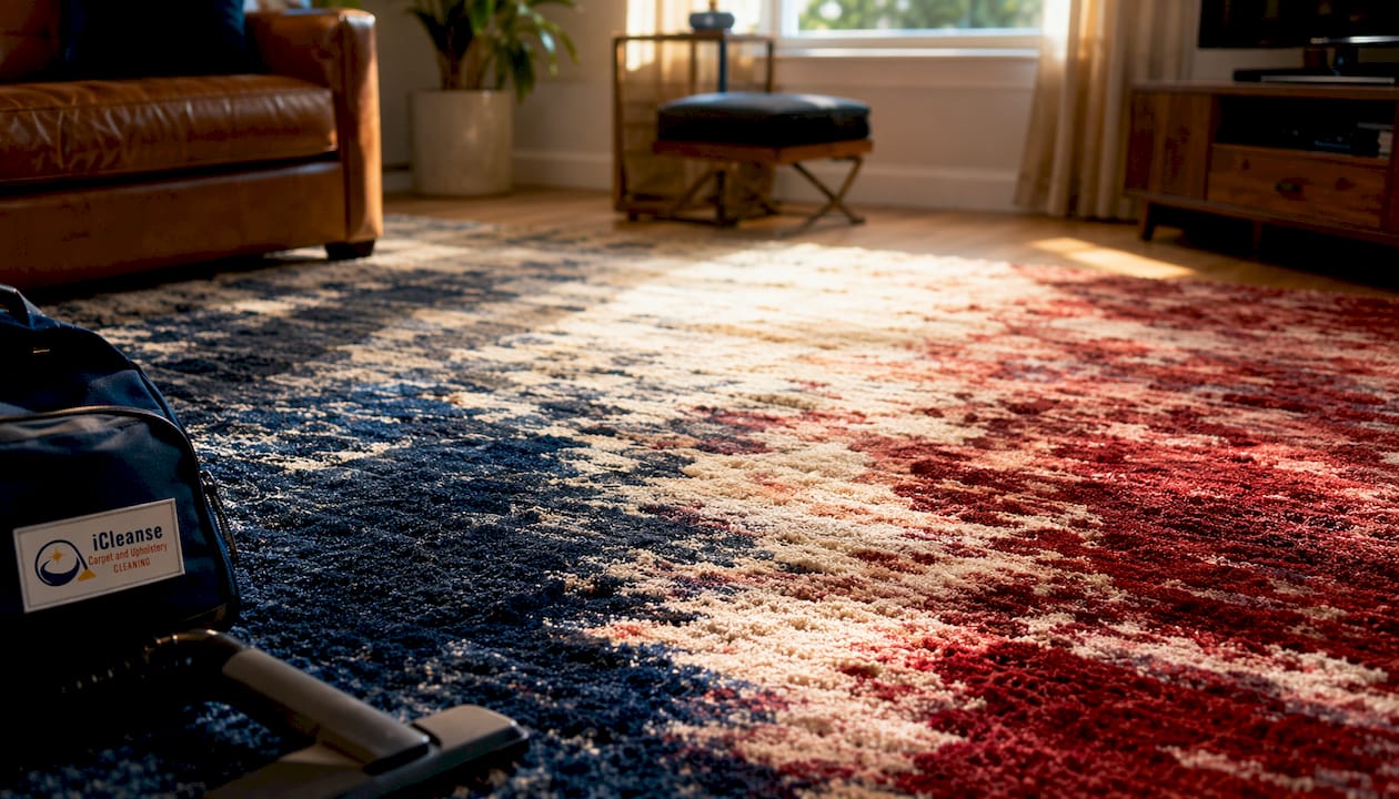 Close-up of carpet showing dye bleeding in fibers