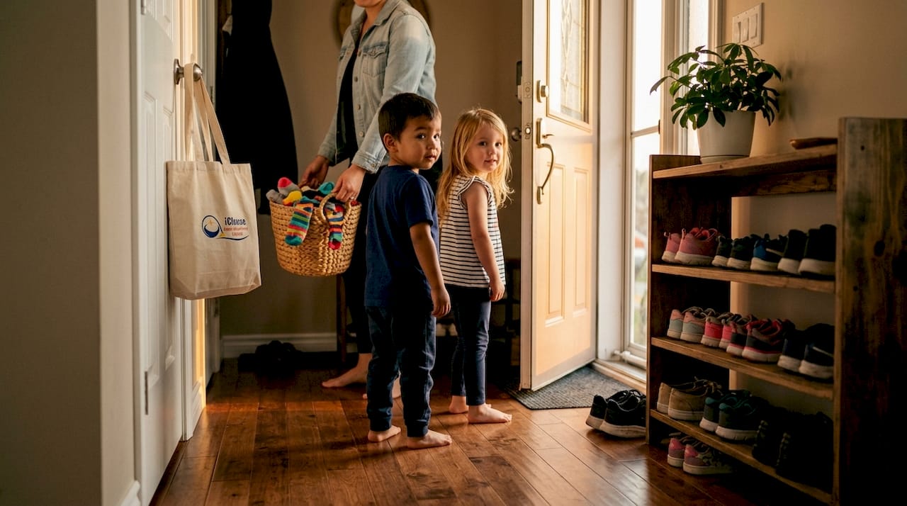 Children barefoot by shoe rack at home entrance