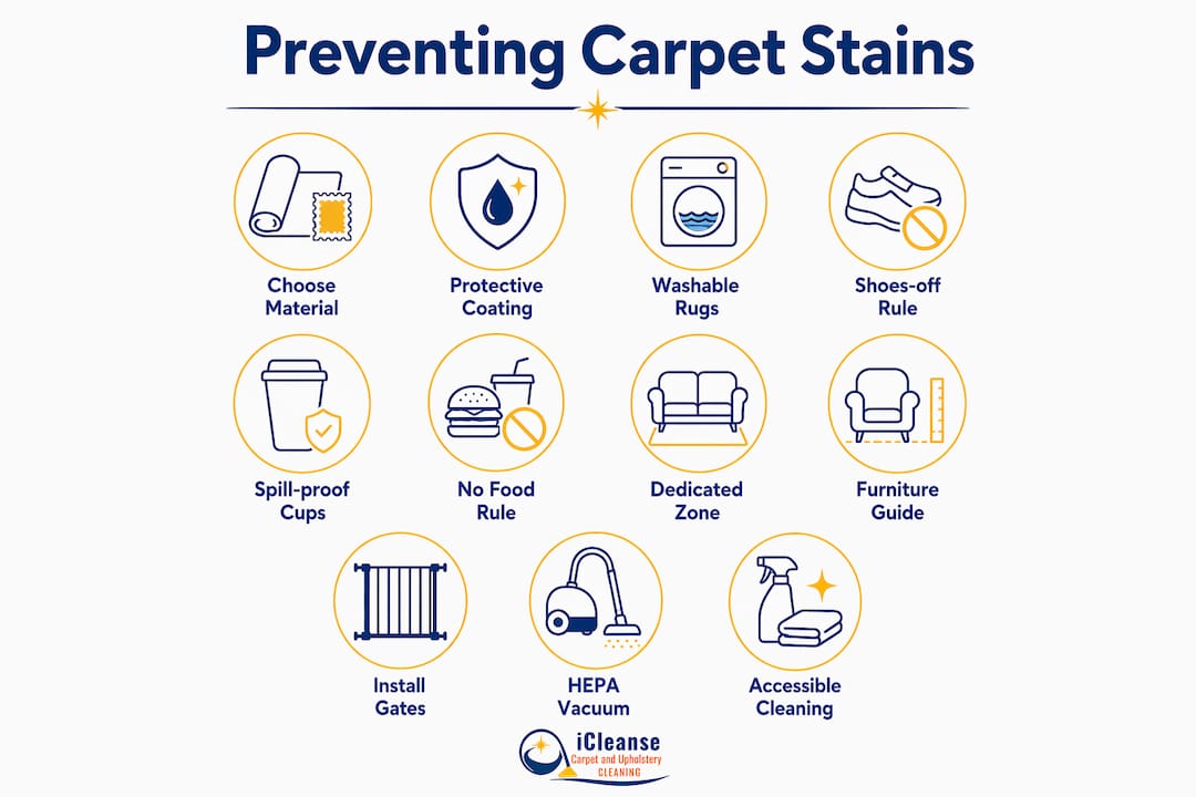 Infographic showing steps to prevent carpet stains from kids