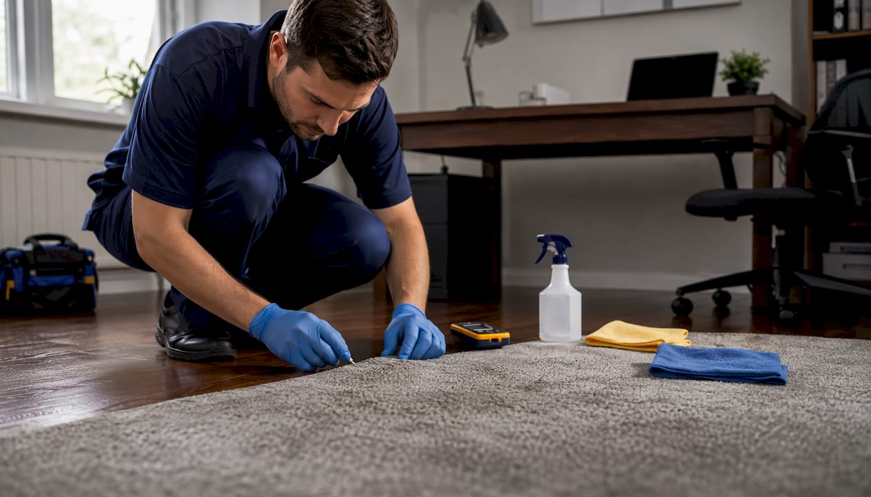 Carpet cleaning professional inspecting carpet edge