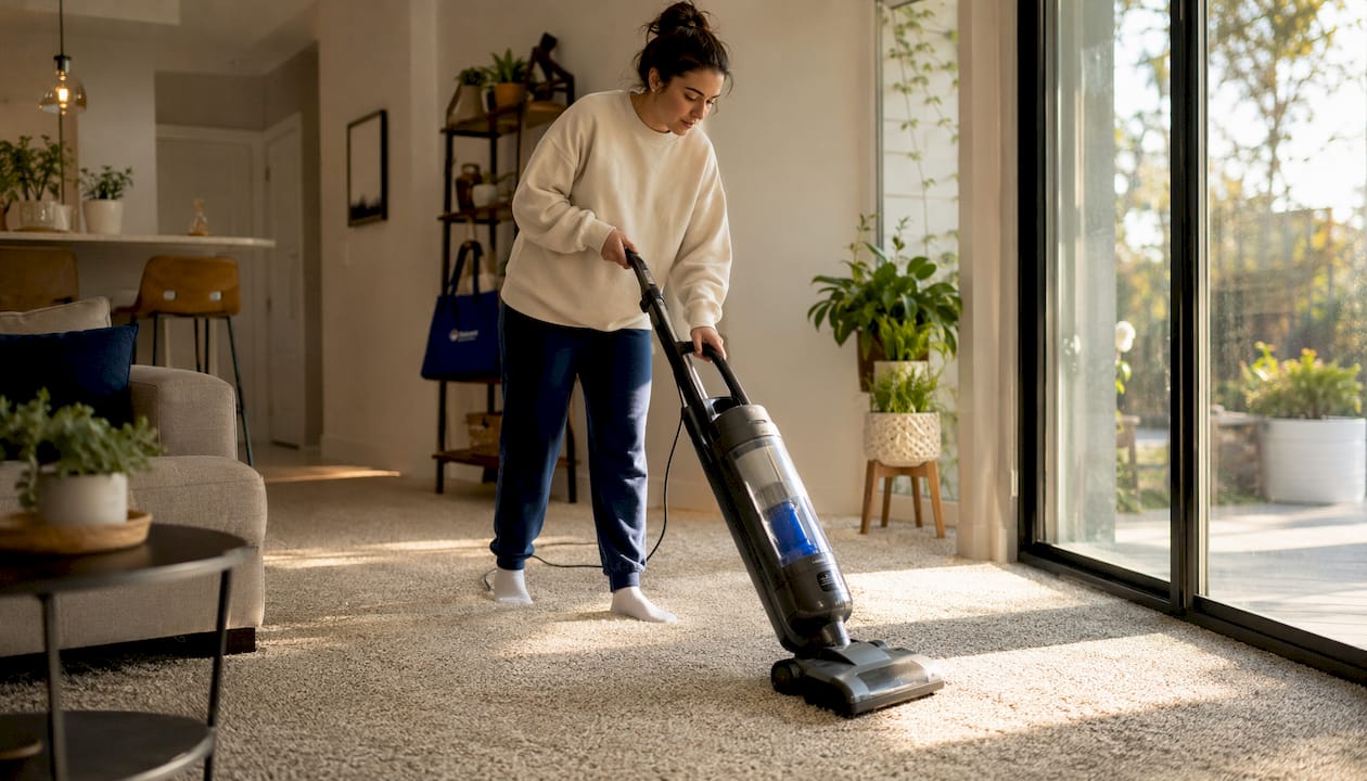 Person vacuuming carpet with HEPA vacuum