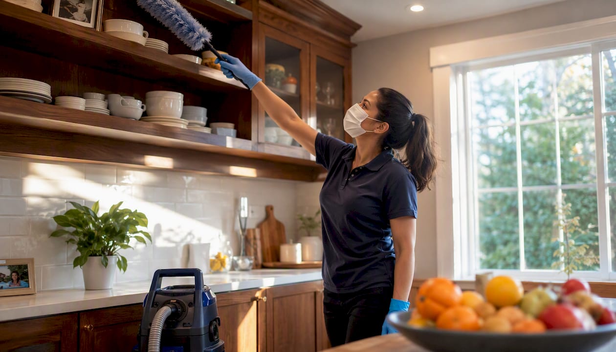 Cleaner dusting shelves in lived-in living room