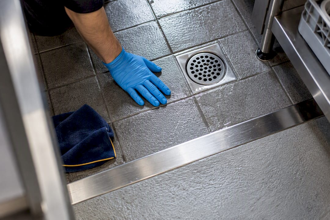 Inspecting moisture near restaurant floor drain