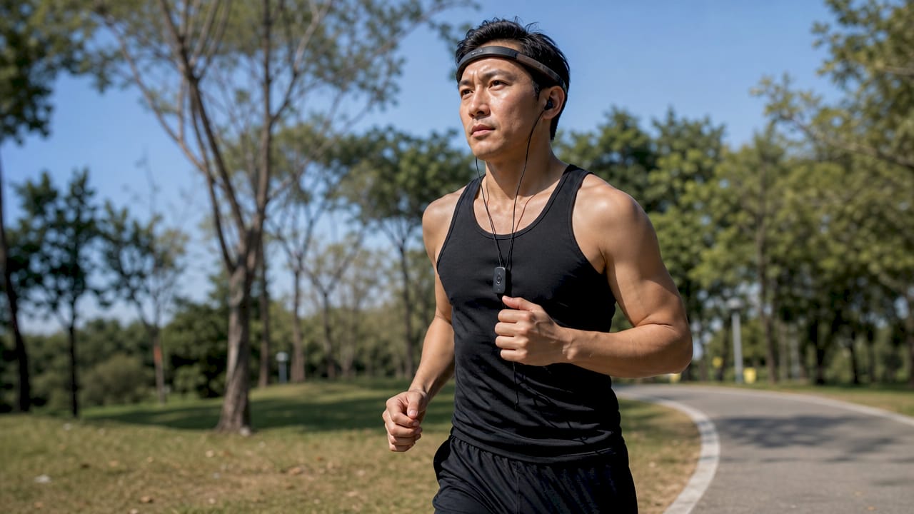 Runner with EEG headband on treadmill