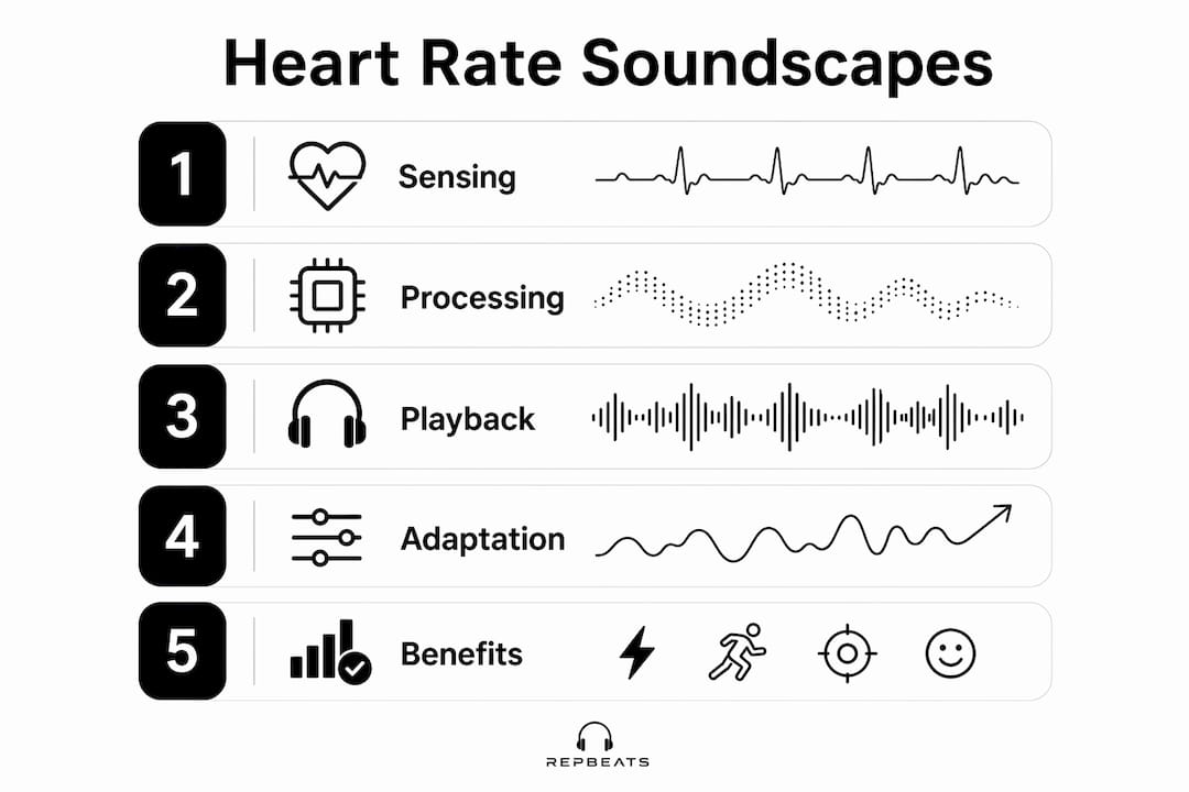 Infographic illustrating heart rate soundscape process and benefits