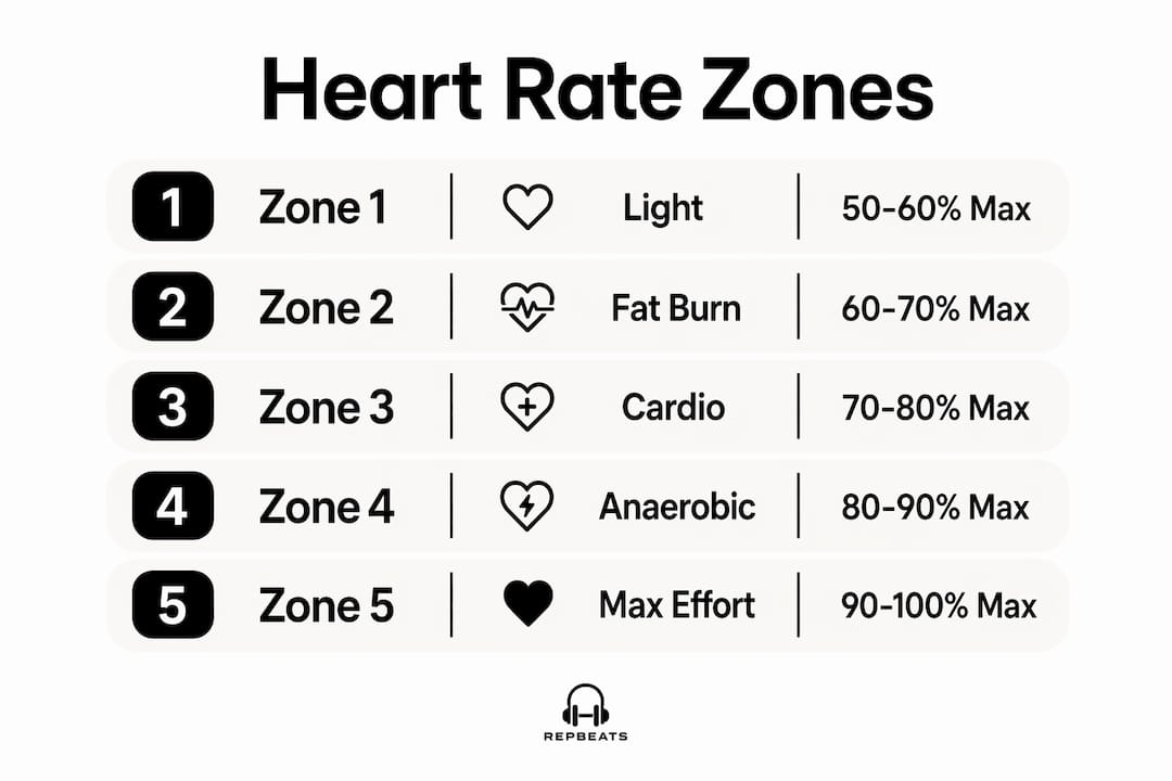 Infographic illustrating heart rate zones and BPM ranges
