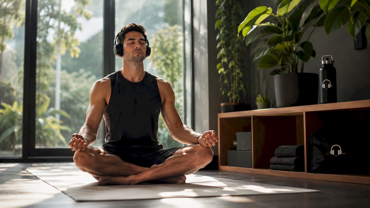 Athlete resting with headphones in gym