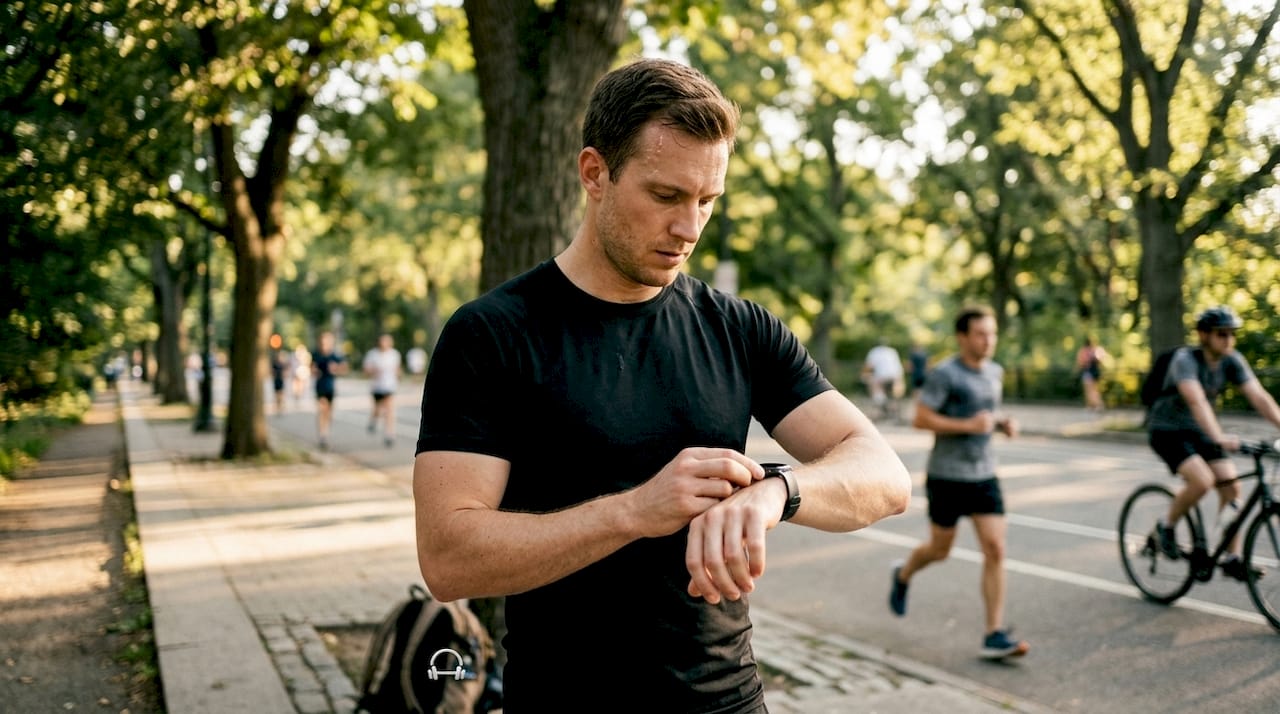 Athlete adjusting smart fitness watch in gym