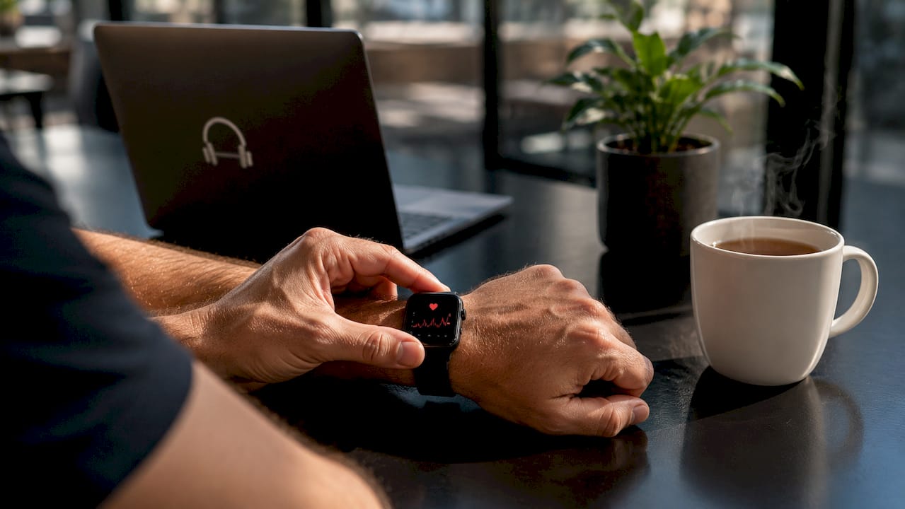 Hand adjusting heart rate on smartwatch near music speaker