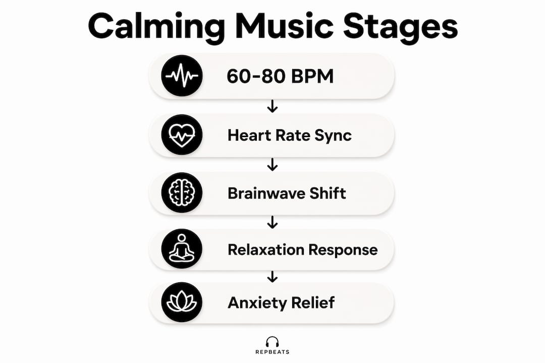 Infographic illustrating stages of low BPM music calming effect