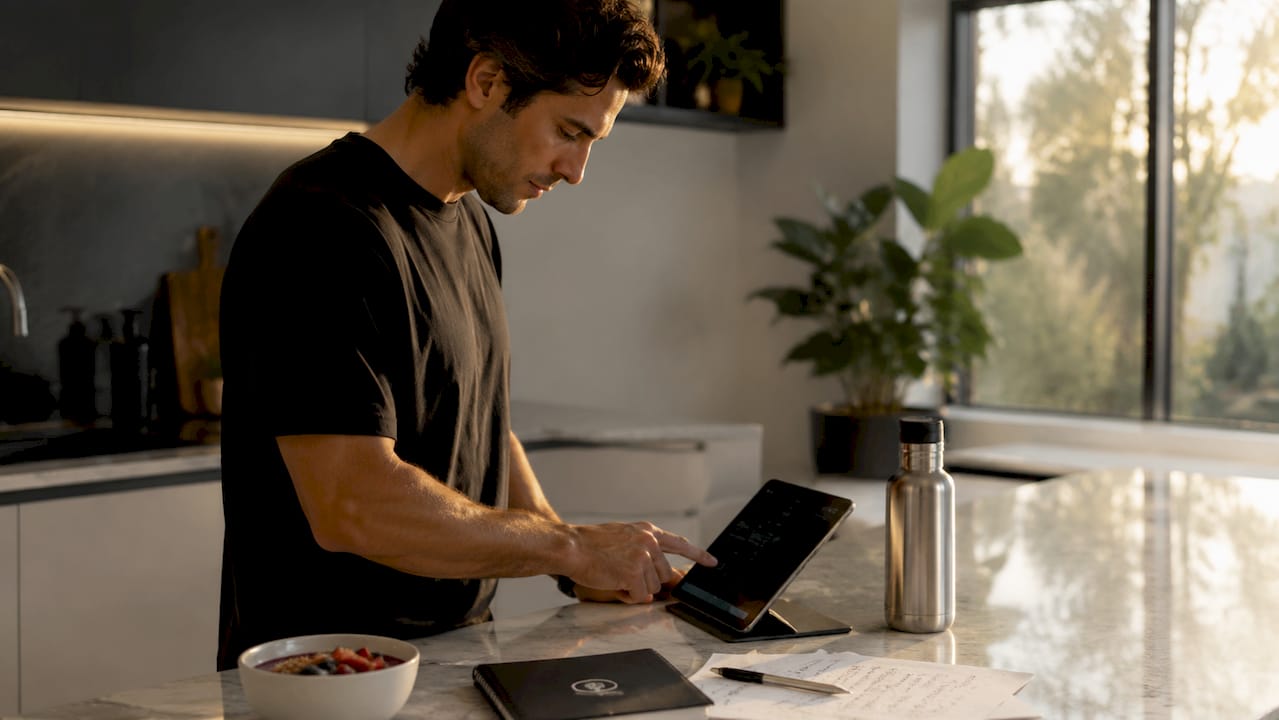 Hands creating workout music playlist on tablet