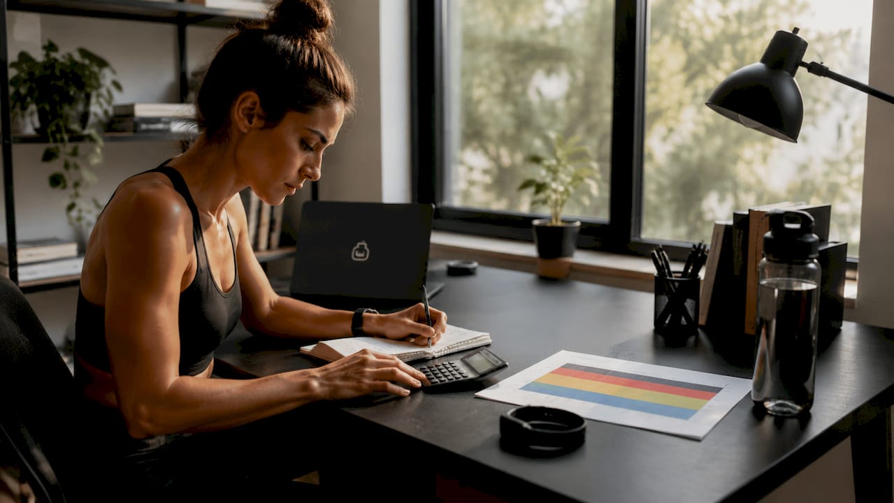 Female athlete calculating heart rate zones at table