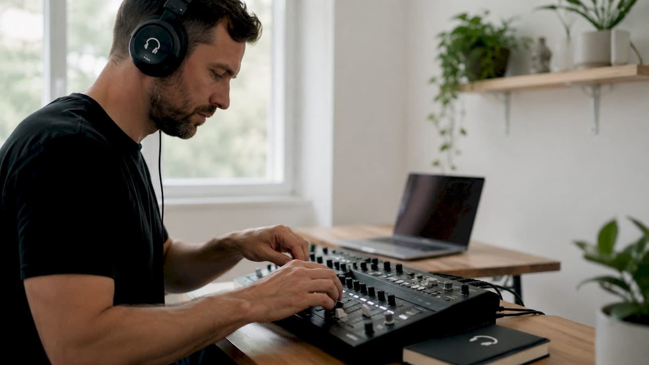 Hands adjusting meditation music tempo mixer